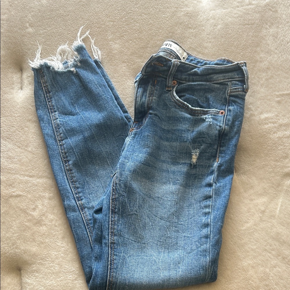 Zara Blue Distressed Ankle Jeans